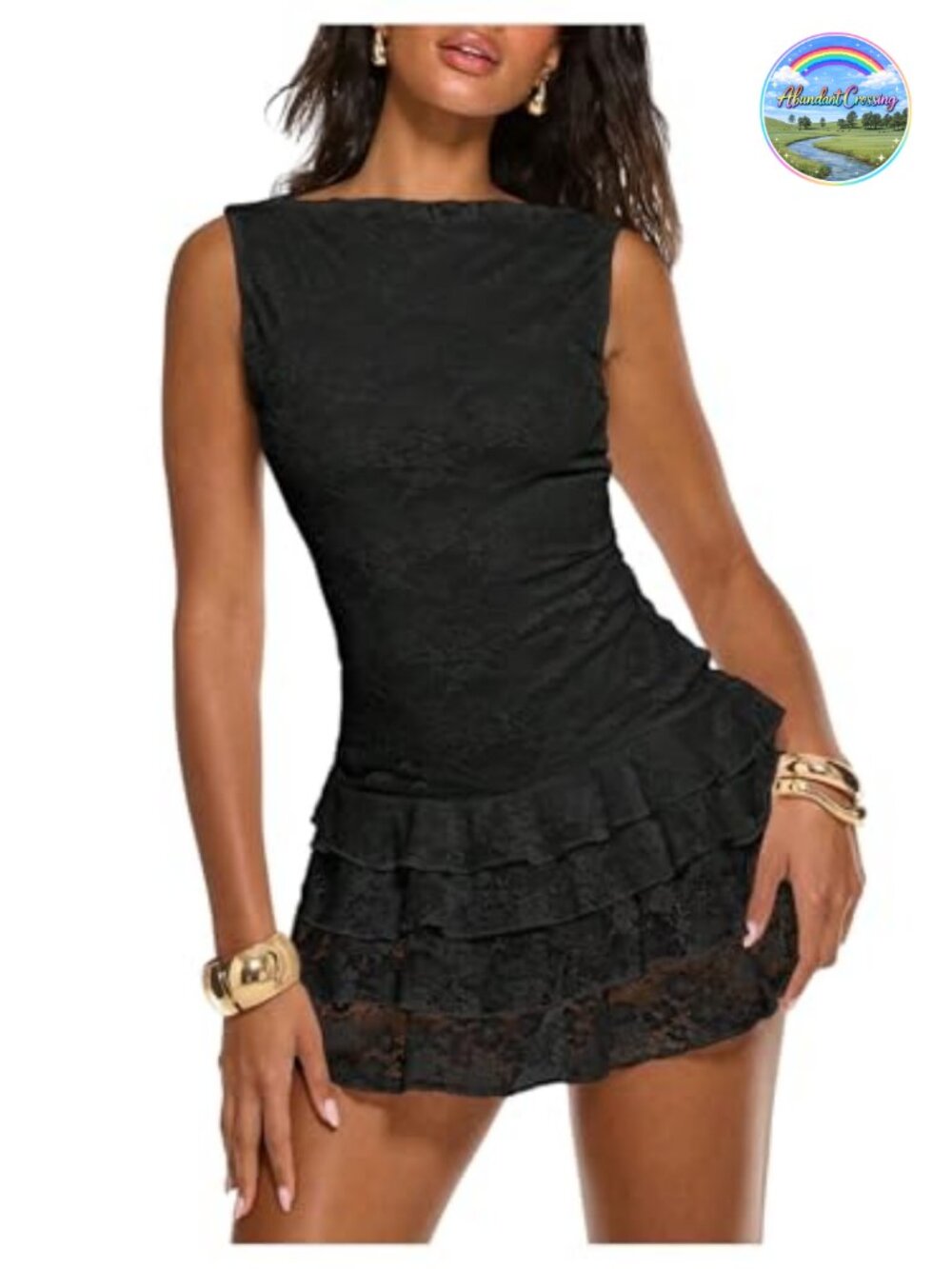 Sleeveless Western Tank Dress Lace Layered Hem Cowboy Music Festival Mini